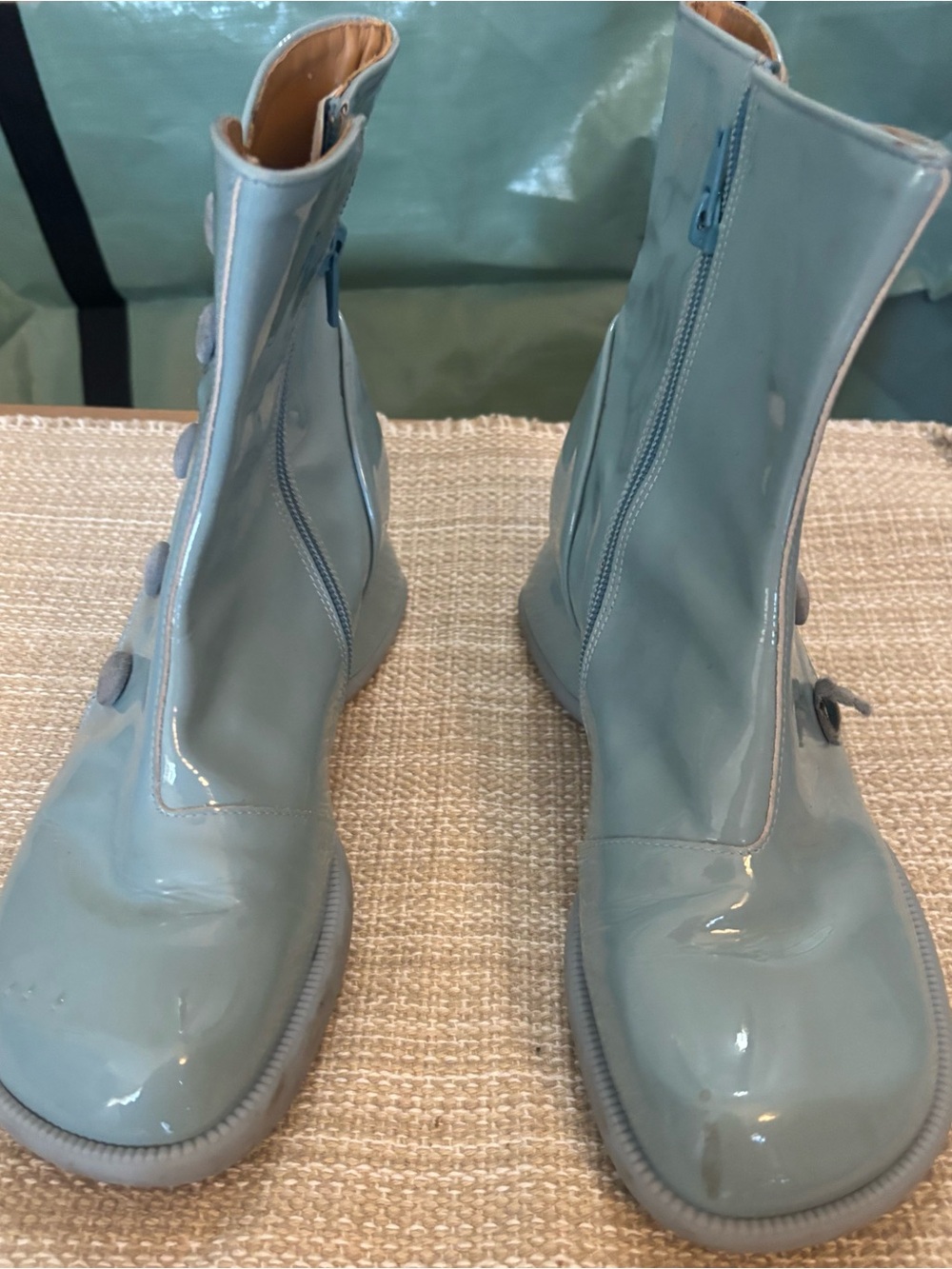 John Fluevog Patent Leather Light Blue Ankle Booties